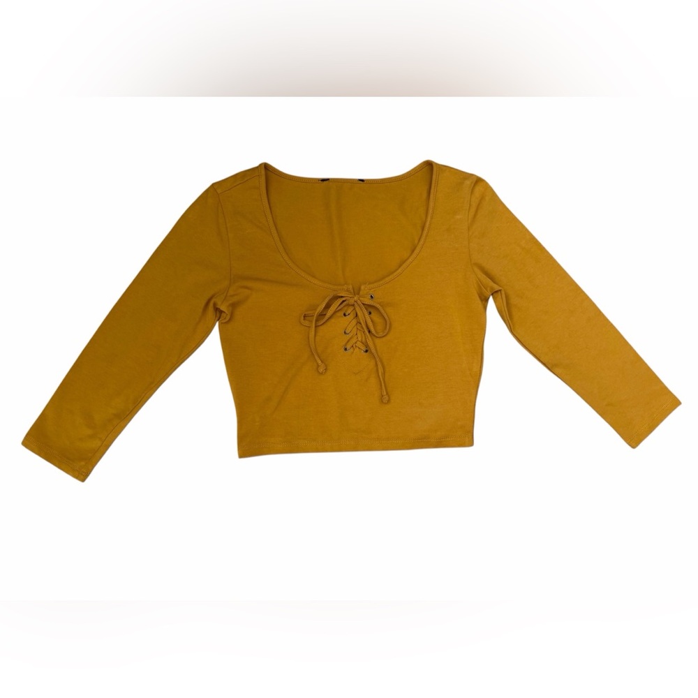 Forever 21 Mustard Lace-Up Crop Top XS Long Sleeve Tie Front Boho